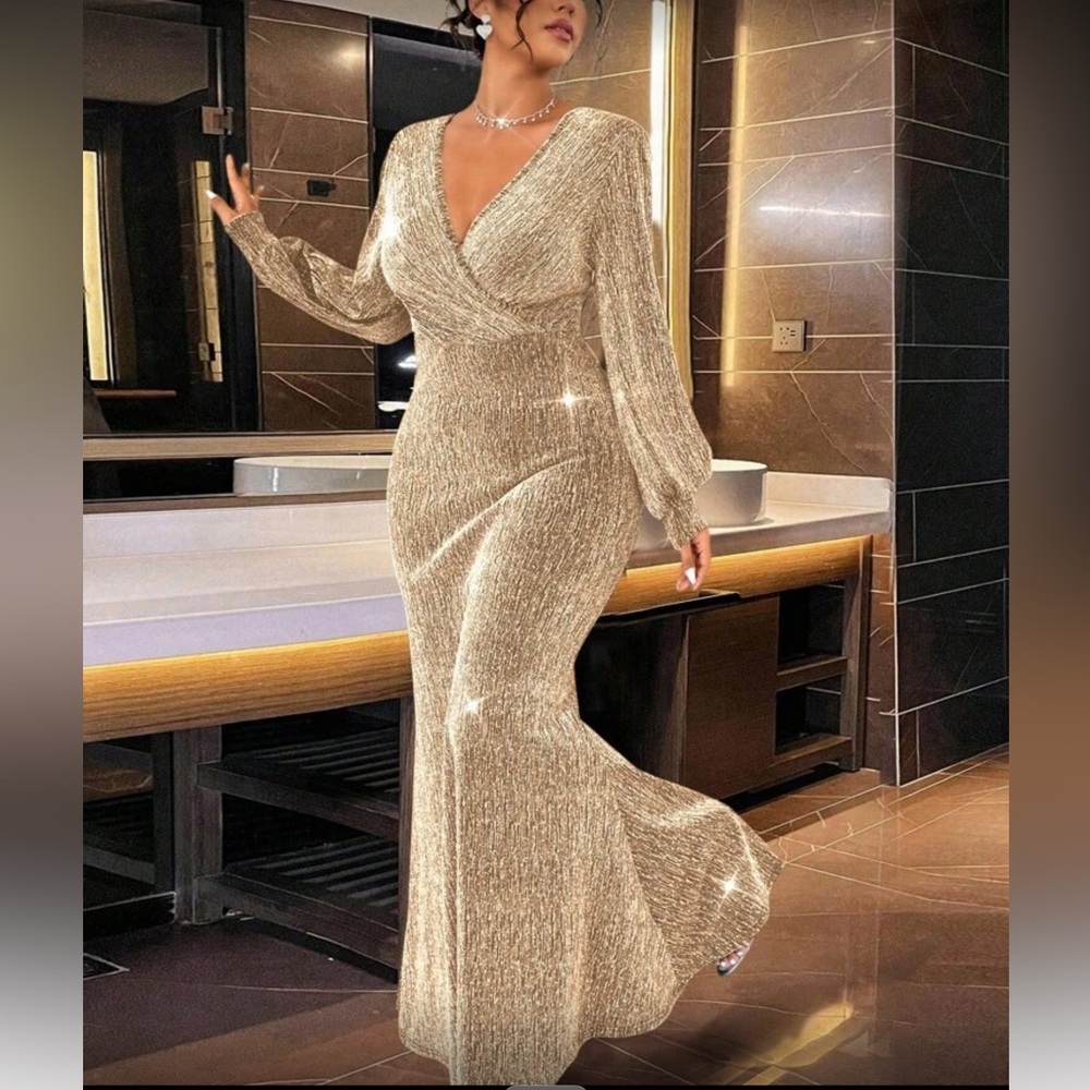 Luxe plus lantern sleeve shimmering  sequins party formal evening prom dress - Picture 3 of 8